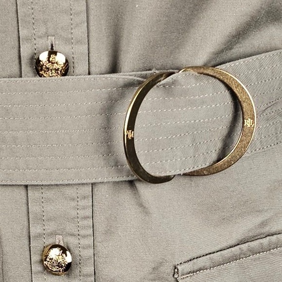 Lauren Ralph Lauren Khaki Utility Shirt Dress Belted Gold Buttons Midi Size 14 - Picture 7 of 16